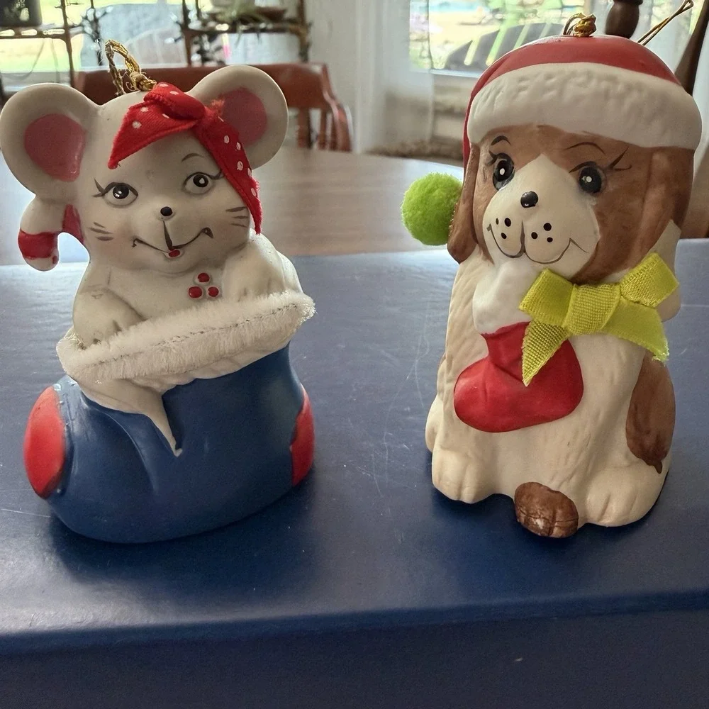 Vintage Christmas Ornament Lot Mouse In Boot Puppy In Santa Hat Giftco Bells